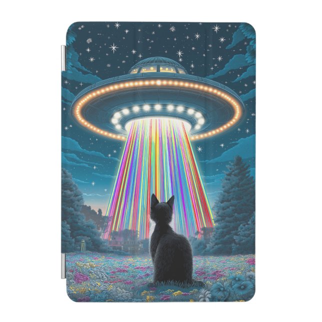 Psychedelic Cat & UFO | Funny Alien Abduction Art iPad Mini Cover (Front)