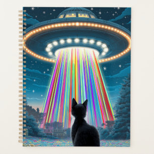 Psychedelic Cat & UFO   Funny Alien Abduction Art Planner