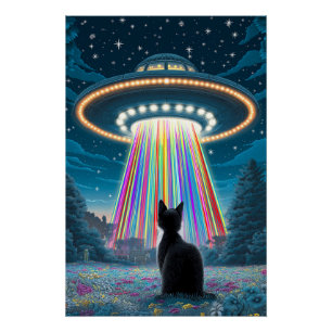 Psychedelic Cat & UFO Funny Alien Abduction Art Poster