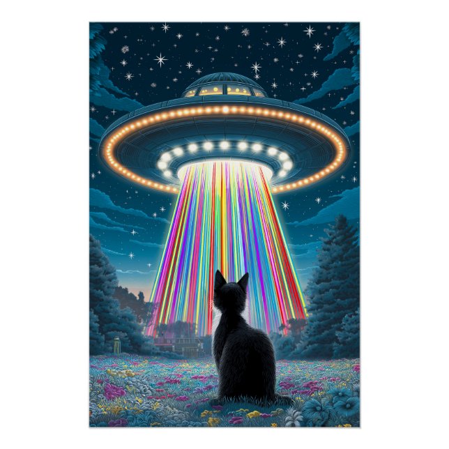 Psychedelic Cat & UFO | Funny Alien Abduction Art Poster (Front)