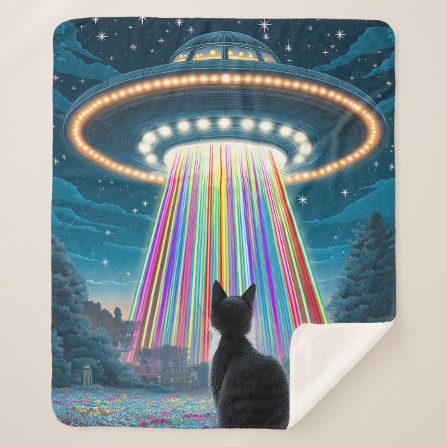 Psychedelic Cat & UFO | Funny Alien Abduction Art Sherpa Blanket (Front)