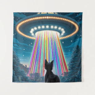 Psychedelic Cat & UFO Funny Alien Abduction Art Tapestry