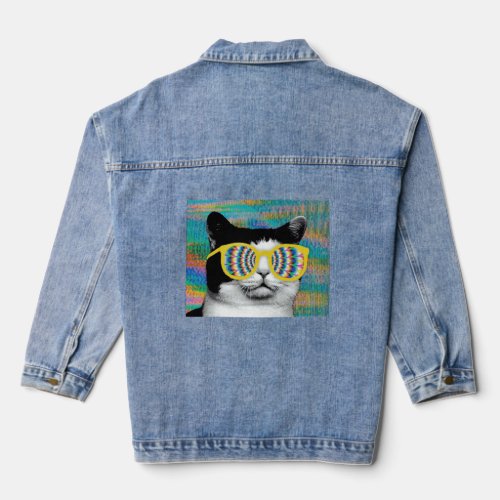 PSYCHEDELIC CAT WITH SUNGLASSES  DENIM JACKET