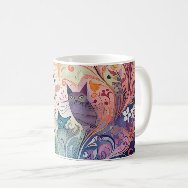 Psychedelic cats flowers colorful energetic coffee mug (Front Right)