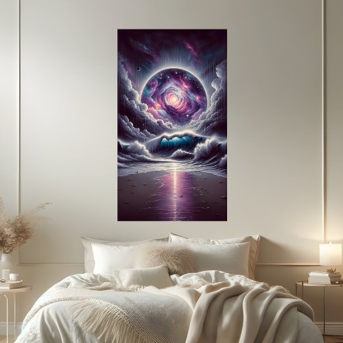 Psychedelic Celestial Rainy Beach Landscape Poster