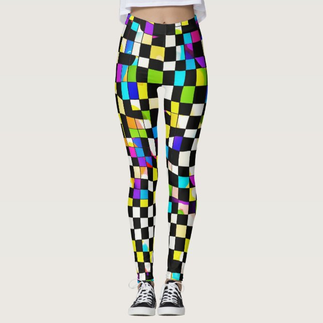 "Psychedelic Checkmate: Trippy Checkered Leggings" Leggings (Front)