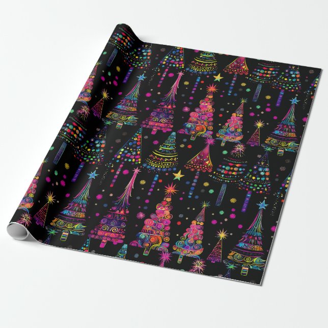 Psychedelic Christmas Trees on Black Wrapping Paper (Unrolled)