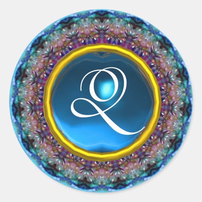PSYCHEDELIC CIRCLES MONOGRAM blue turquase pink Classic Round Sticker (Front)