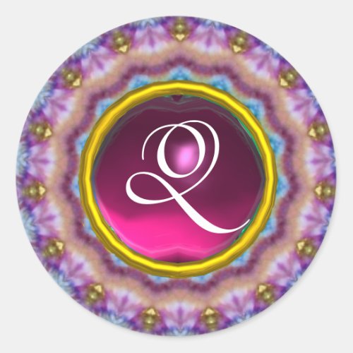 PSYCHEDELIC CIRCLES MONOGRAM blue turquase pink Classic Round Sticker