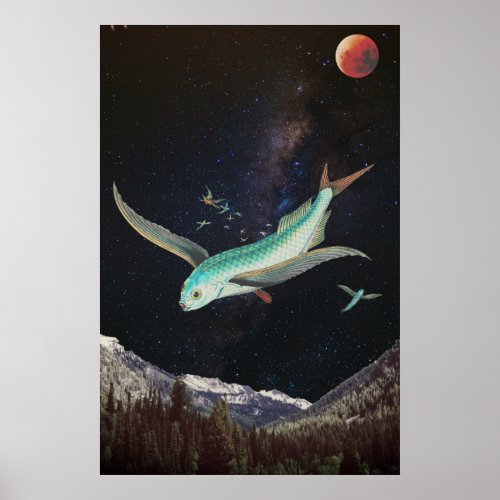 Psychedelic collage flying fish in space poster