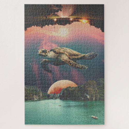 Psychedelic collage flying turtle jigsaw puzzle