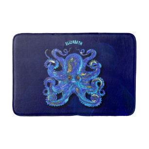 Psychedelic Colorful Blue Octopus With Brown Eyes Bathroom Mat