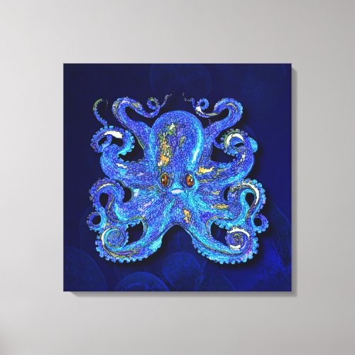 Psychedelic Colorful Blue Octopus With Brown Eyes Canvas Print