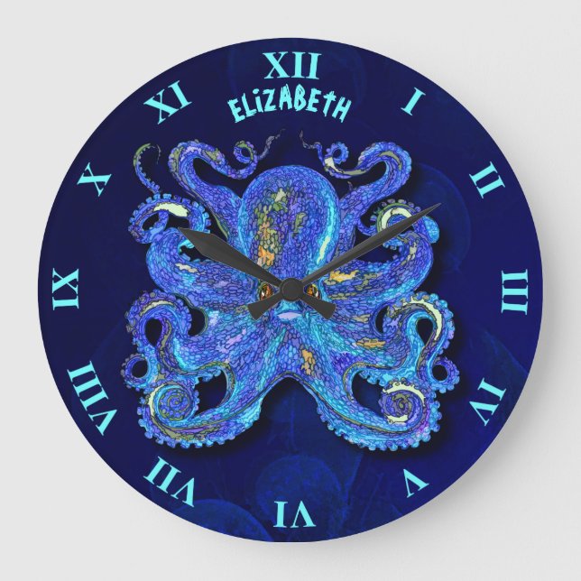 Psychedelic Colorful Blue Octopus With Brown Eyes Large Clock (Front)