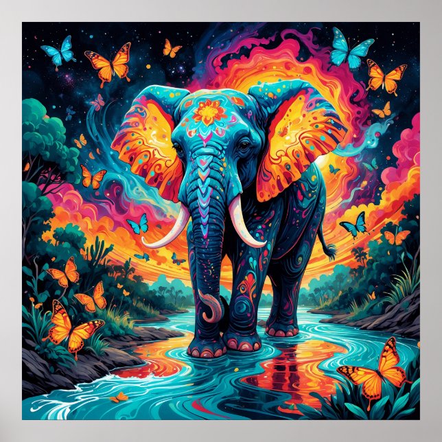 Psychedelic Colorful Elephant and Butterflies Poster (Front)