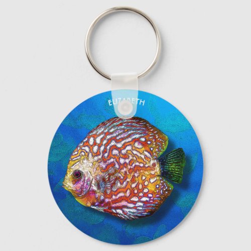 Psychedelic Colorful Exotic Discus Fish Drawing Keychain