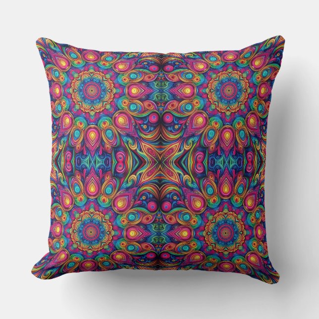 Psychedelic Colorful Geometric Pattern Throw Pillow (Front)
