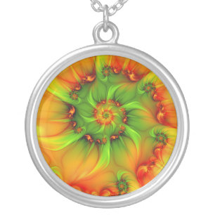 Psychedelic Colorful Modern Abstract Fractal Art Silver Plated Necklace