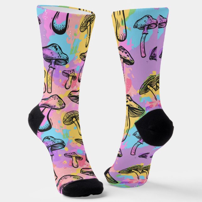Psychedelic Colorful Mushroom Pattern Socks (Angled)