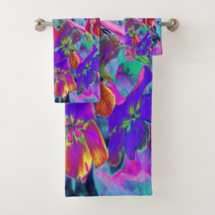 Psychedelic Colorful Red and Purple Flowers Bath Towel Set