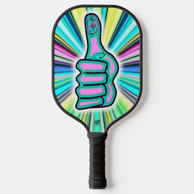 Psychedelic colorful thumbs up/down v1.1 pickleball paddle (Front)