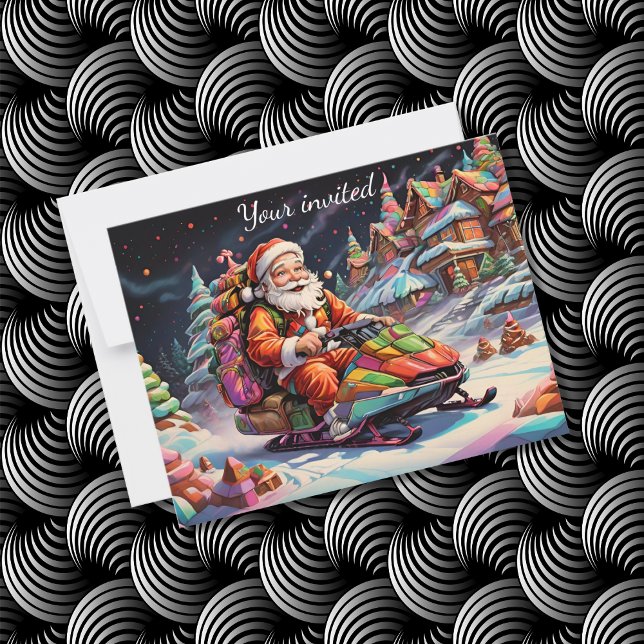 psychedelic colors santa riding snowmobile party invitation (Creator Uploaded)