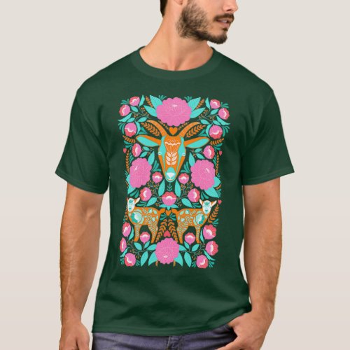Psychedelic colourful folk art goat illustration  T_Shirt