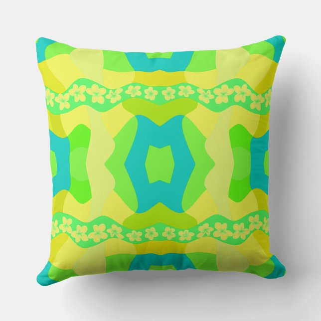 Psychedelic Daisy Chain Patchwork Lemon Lime Teal Throw Pillow (Back)