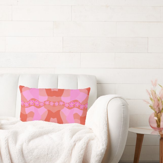 Psychedelic Daisy Chain Patchwork - Pink Orange Lumbar Pillow (Couch)