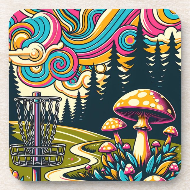 Psychedelic Disc Golf Basket and Retro Mushrooms Beverage Coaster (Front)