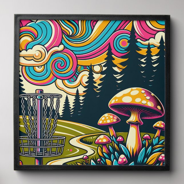 Psychedelic Disc Golf Basket and Retro Mushrooms Peel And Stick Photo Tile (Front Set)