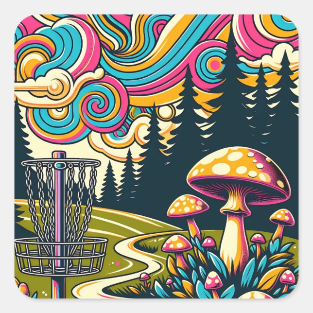 Psychedelic Disc Golf Basket and Retro Mushrooms Square Sticker (Front)