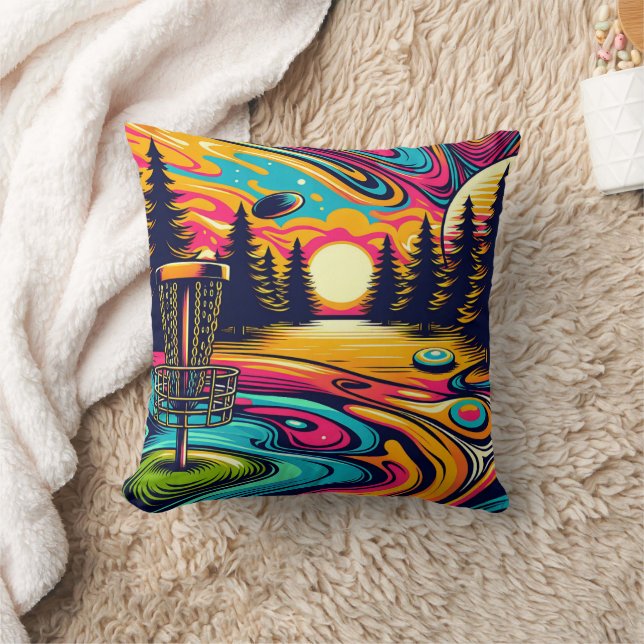 Psychedelic Disc Golf Course at Sunset Throw Pillow (Blanket)