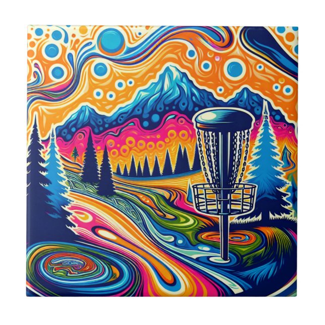 Psychedelic Disc Golf Course in the Mountains Ceramic Tile (Front)