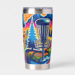 Psychedelic Disc Golf Course in the Mountains Insulated Tumbler<br><div class="desc">Unique ai art depicting a colorful retro colored vintage disc golf course,  pine trees and mountains.</div>