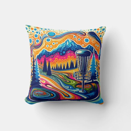 Psychedelic Disc Golf Course in the Mountains Throw Pillow