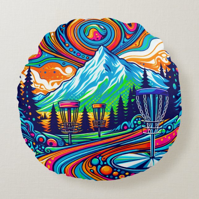 Psychedelic Disc Golf Course Round Pillow (Front)
