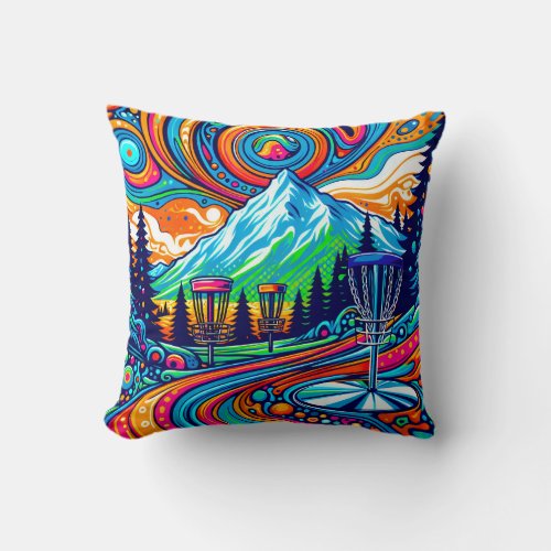 Psychedelic Disc Golf Course Throw Pillow