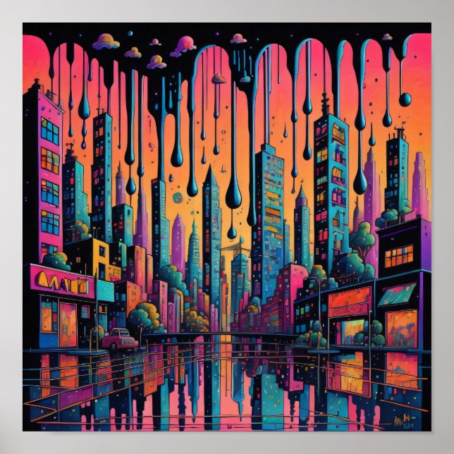 Psychedelic Drippy City Art  Poster (Front)