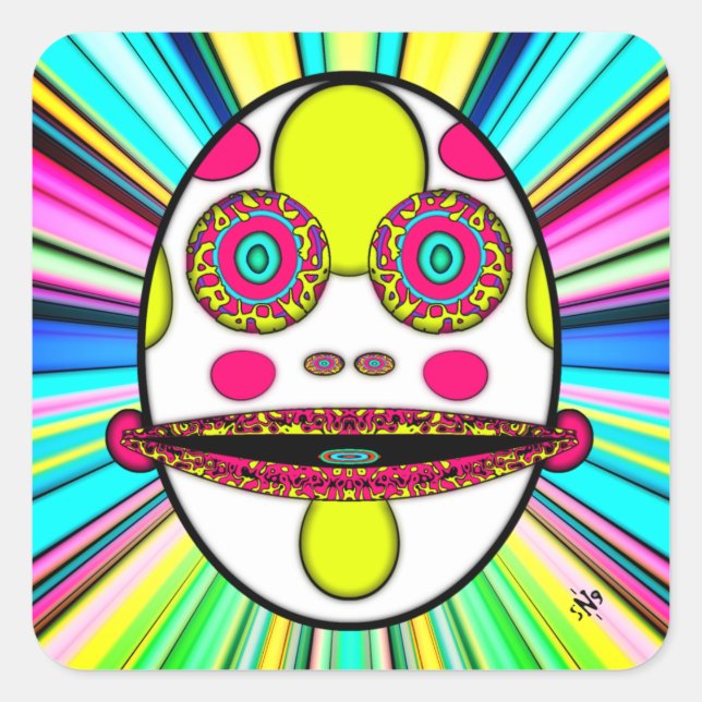 Psychedelic Egg Face Weird Cartoon Character Square Sticker (Front)