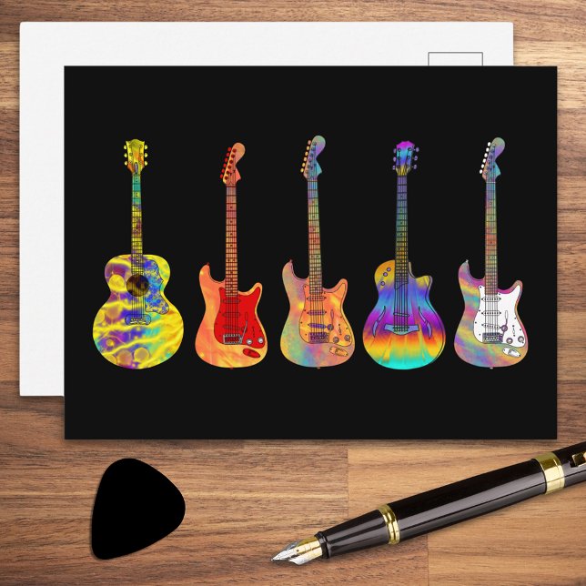 Psychedelic Electric Acoustic Guitars Postcard (Colorful psychedelic guitars on black postcard)
