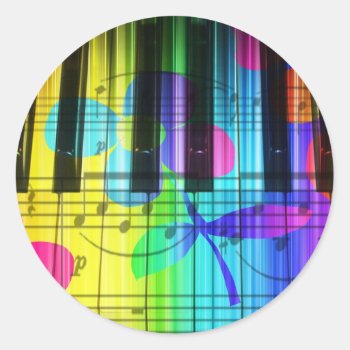 Psychedelic Electric Piano Keyboard And Flowers Classic Round Sticker by dreamlyn at Zazzle