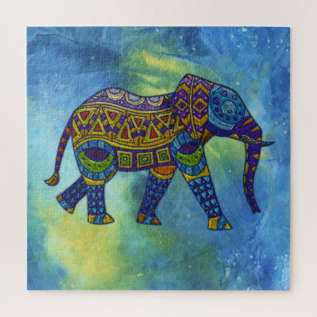 Psychedelic elephant on blue-green outer-space jigsaw puzzle (Vertical)