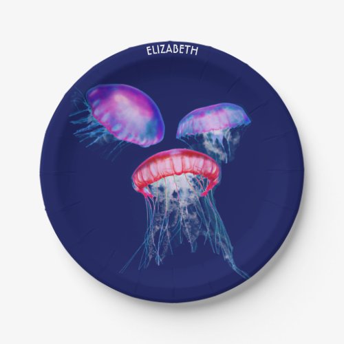 Psychedelic Exotic Jellyfish With Bubbles Paper Plates