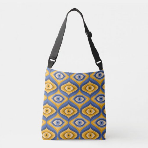 Psychedelic eye pattern indigo blue yellow crossbody bag