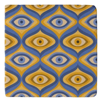 Psychedelic Eye Pattern Indigo Blue Yellow Trivet by borianag at Zazzle