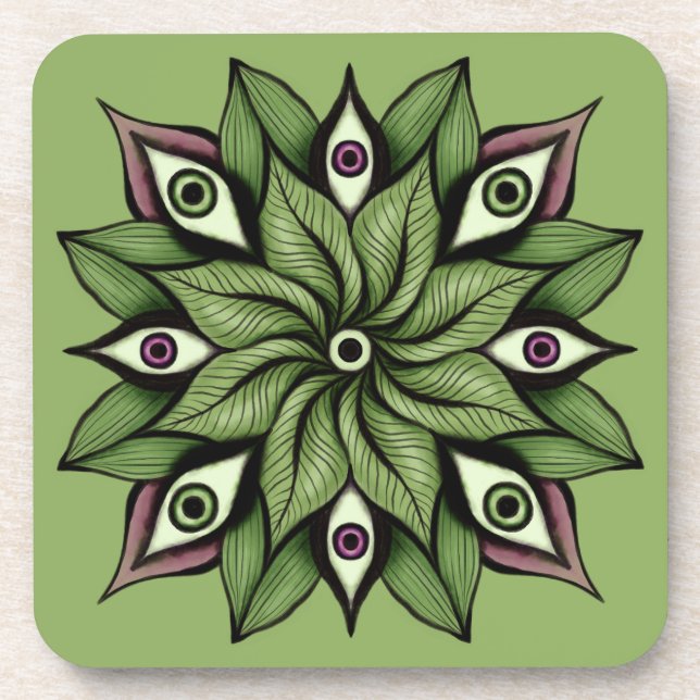 Psychedelic Eyes Mandala - Trippy Floral Pattern Beverage Coaster (Front)