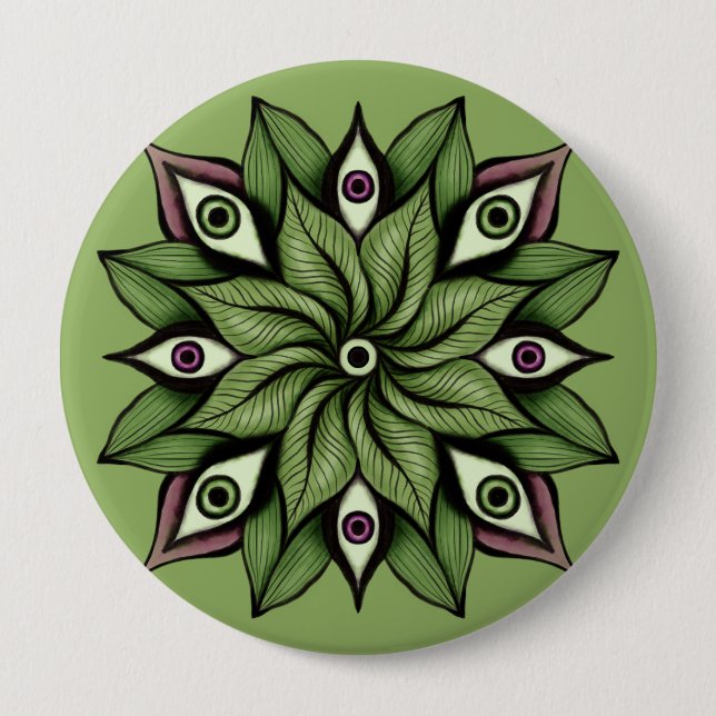 Psychedelic Eyes Mandala - Trippy Floral Pattern Button (Front)