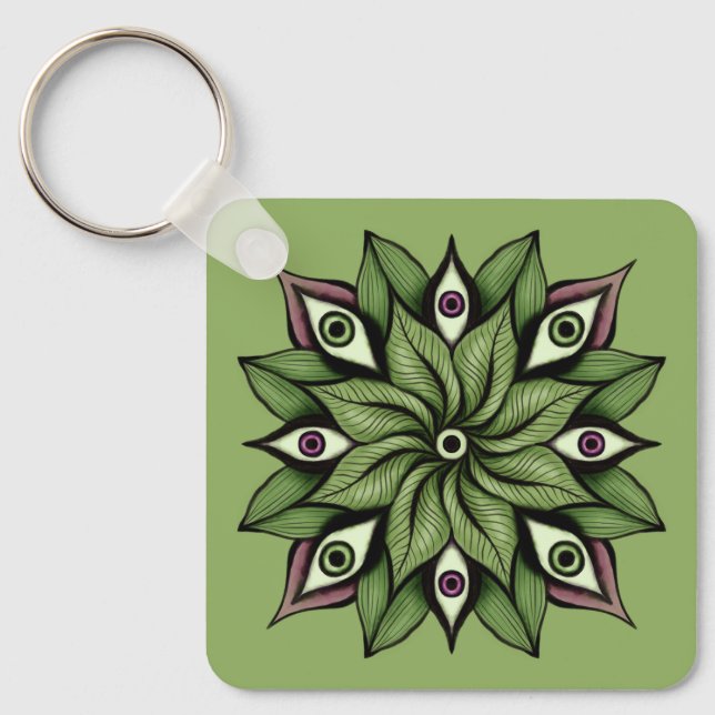 Psychedelic Eyes Mandala - Trippy Floral Pattern Keychain (Front)