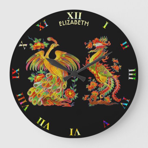 Psychedelic Fantasy Exotic Fractal Dragon Peacock Large Clock